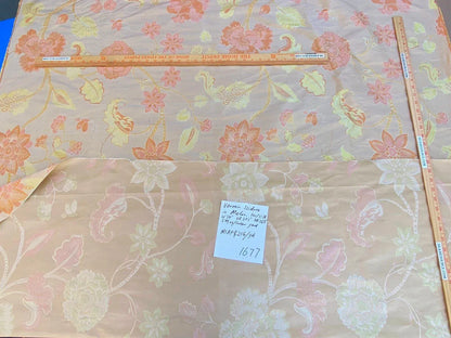 Vervain Fabricut 100% Silk Isidora Romantic Damask In Melon Pink Sparkling MSRP USD 214/Y Orange Green On Warm Gold