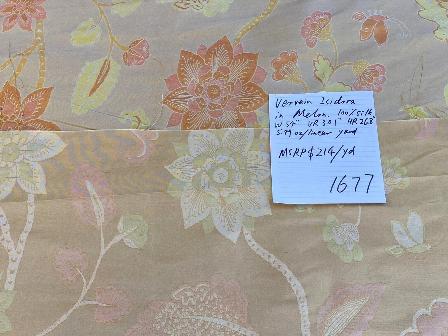 Vervain Fabricut 100% Silk Isidora Romantic Damask In Melon Pink Sparkling MSRP USD 214/Y Orange Green On Warm Gold