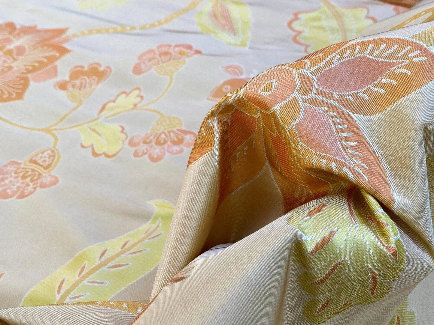 Vervain Fabricut 100% Silk Isidora Romantic Damask In Melon Pink Sparkling MSRP USD 214/Y Orange Green On Warm Gold