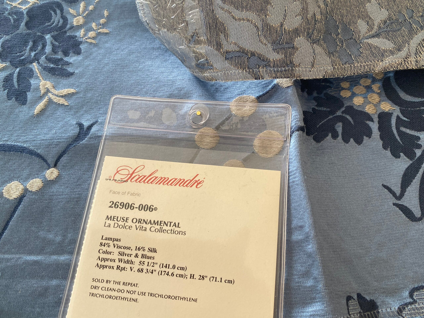 36 Berkbox73 Square Silk by Scalamandre Meuse Ornamental Silver and Blue Silk Lampas Renaissance Neoclassical