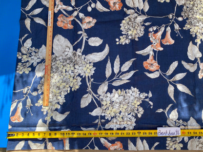 12 Berkbox96 Length Printed Fabrics by Scalamandre Merrimon Navy Blue Floral 100% Linen with Glazed finish MSRP 346/y