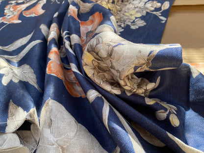 12 Berkbox96 Length Printed Fabrics by Scalamandre Merrimon Navy Blue Floral 100% Linen with Glazed finish MSRP 346/y