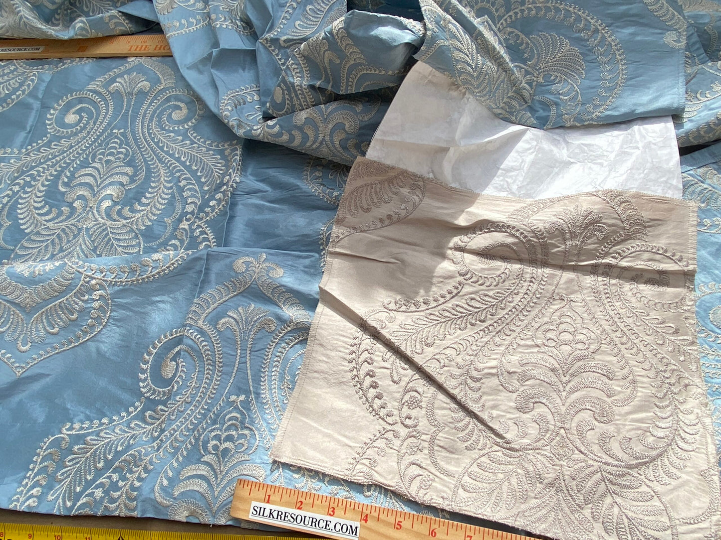 2 Berkbox97 Length Scalamandre Hillcrest Ivory On Celestial Blue Silk Renaissance Embroidery Medallion Embroidery 2.4 yds MSRP USD 394/Y