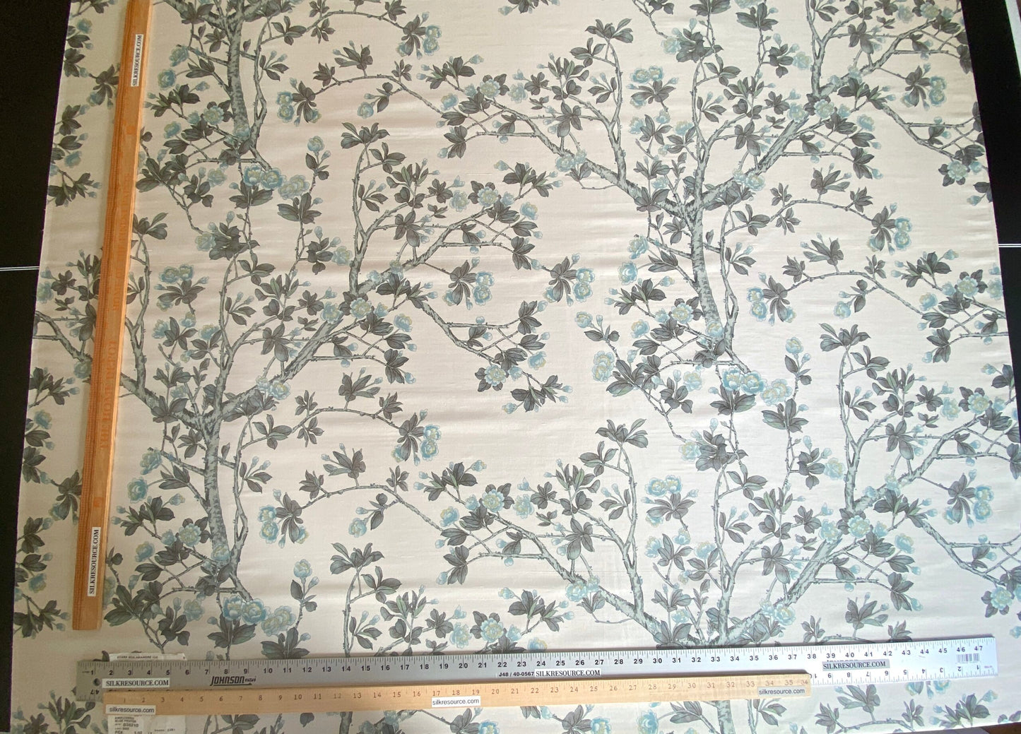 By Yd Scalamandre Knollwood Flower Tree Cherry Blossom Chinoiserie Blue Pewter Silk Print MSRP USD 320/Y