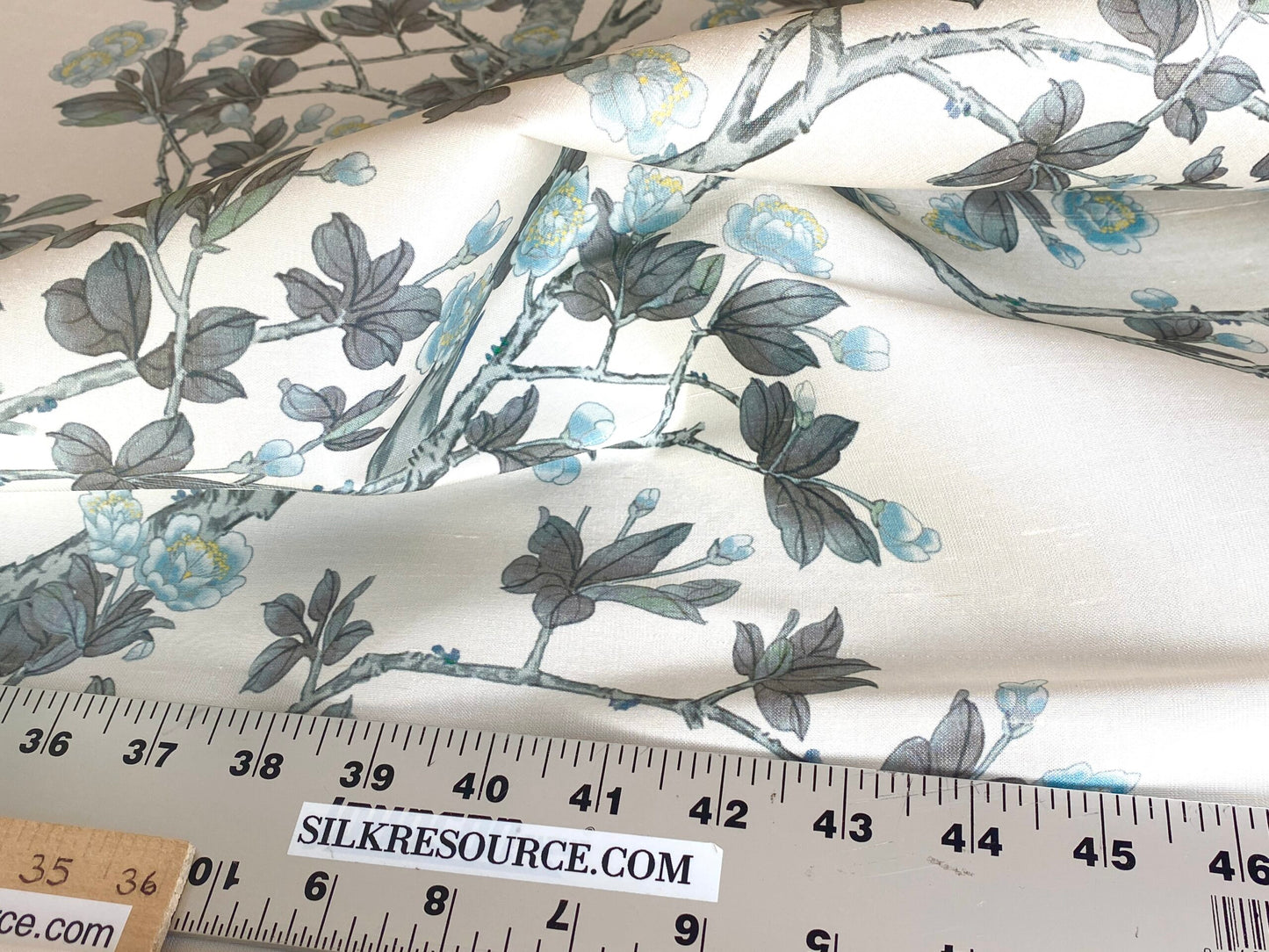 By Yd Scalamandre Knollwood Flower Tree Cherry Blossom Chinoiserie Blue Pewter Silk Print MSRP USD 320/Y