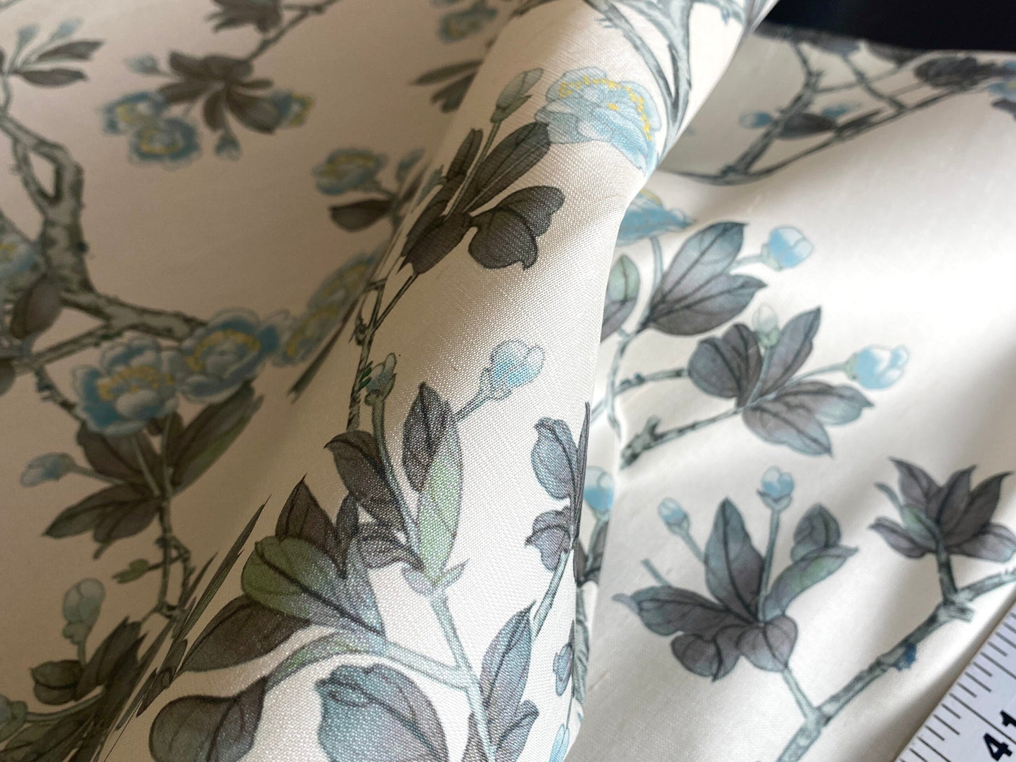 By Yd Scalamandre Knollwood Flower Tree Cherry Blossom Chinoiserie Blue Pewter Silk Print MSRP USD 320/Y