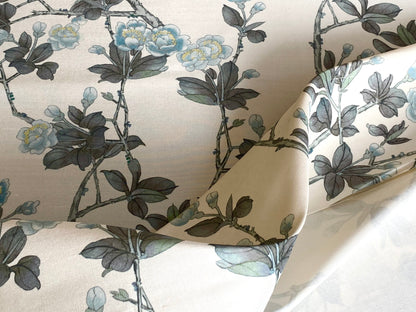 By Yd Scalamandre Knollwood Flower Tree Cherry Blossom Chinoiserie Blue Pewter Silk Print MSRP USD 320/Y