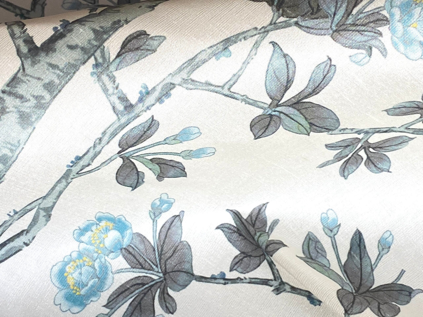 By Yd Scalamandre Knollwood Flower Tree Cherry Blossom Chinoiserie Blue Pewter Silk Print MSRP USD 320/Y