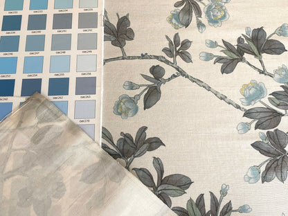 By Yd Scalamandre Knollwood Flower Tree Cherry Blossom Chinoiserie Blue Pewter Silk Print MSRP USD 320/Y