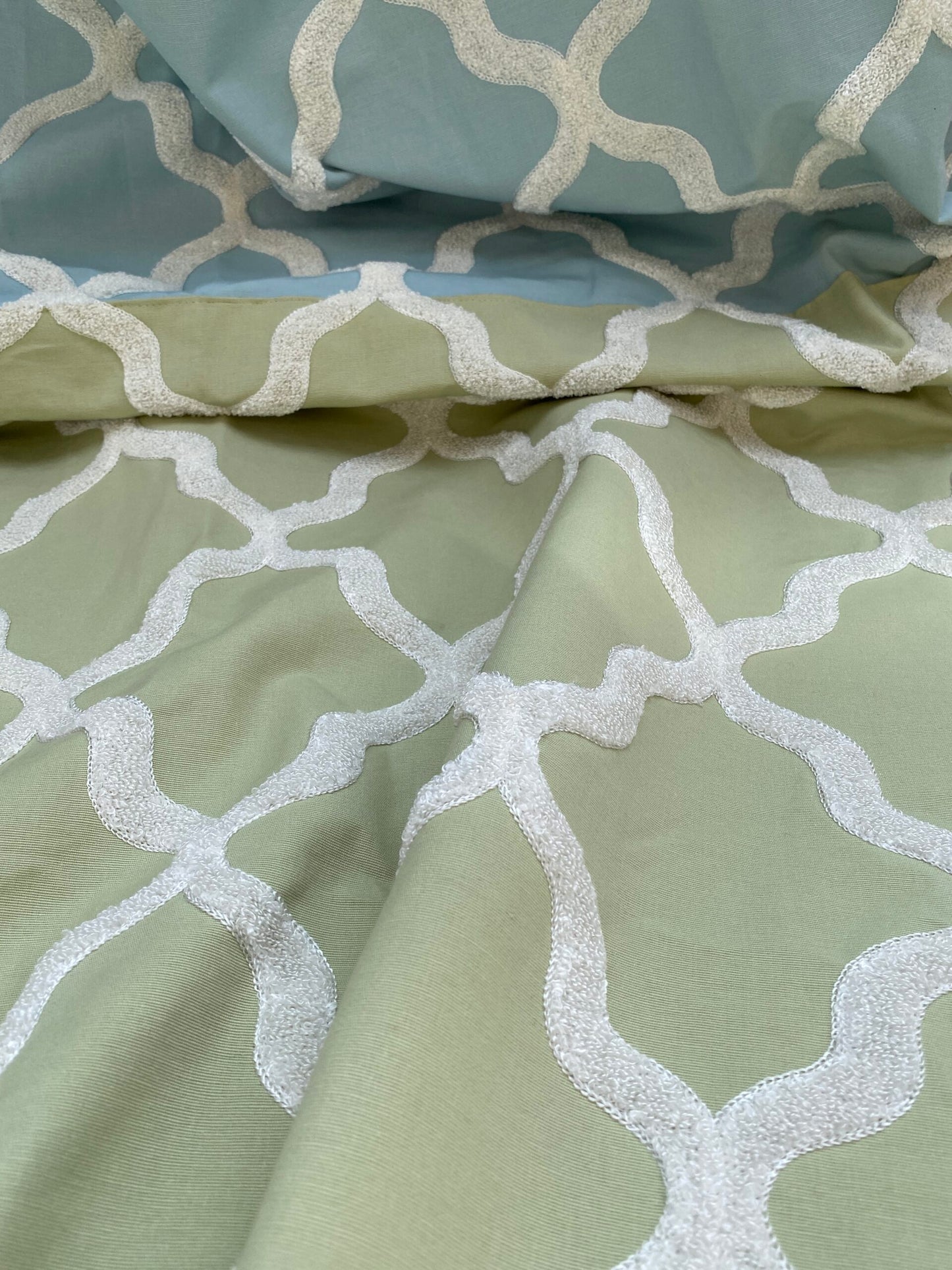 8 Berkbox97 Length Embroidery by Scalamandre Fonthill Astley Boucle Green Blue White Cream Diamond Ogee 1.2 yd + 1.2yd MSRP USD 338/Y