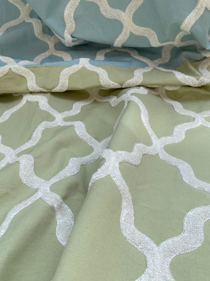 8 Berkbox97 Length Embroidery by Scalamandre Fonthill Astley Boucle Green Blue White Cream Diamond Ogee 1.2 yd + 1.2yd MSRP USD 338/Y