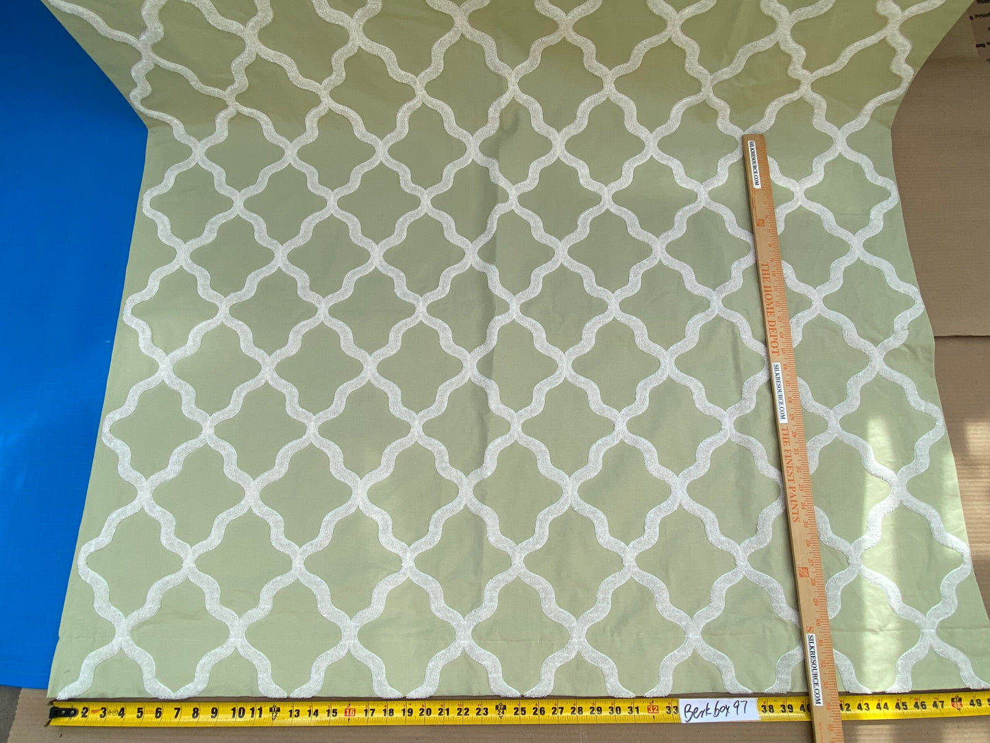 8 Berkbox97 Length Embroidery by Scalamandre Fonthill Astley Boucle Green Blue White Cream Diamond Ogee 1.2 yd + 1.2yd MSRP USD 338/Y