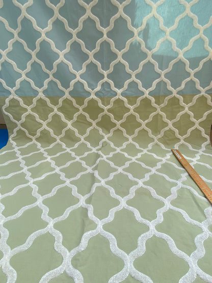 8 Berkbox97 Length Embroidery by Scalamandre Fonthill Astley Boucle Green Blue White Cream Diamond Ogee 1.2 yd + 1.2yd MSRP USD 338/Y