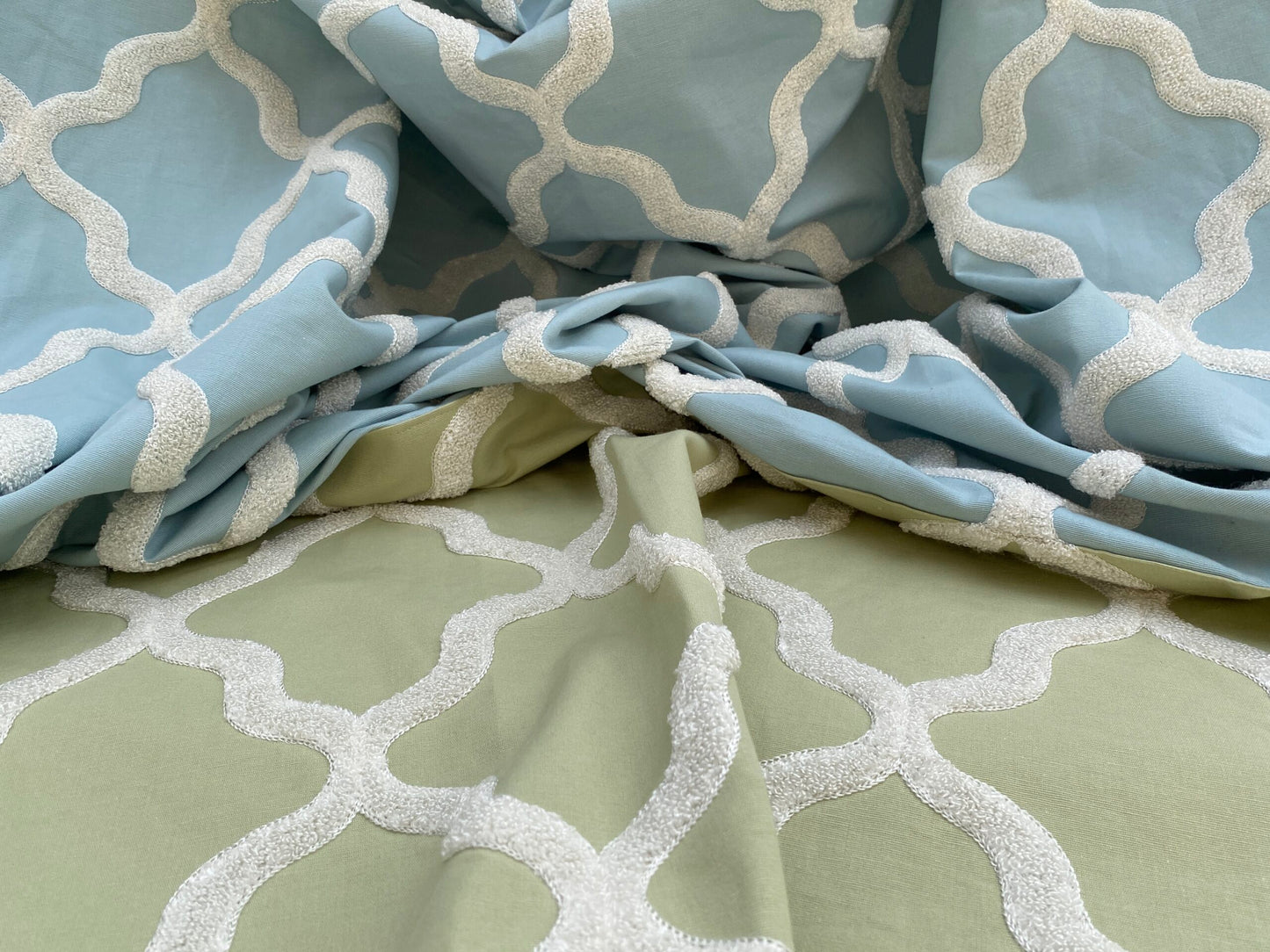 8 Berkbox97 Length Embroidery by Scalamandre Fonthill Astley Boucle Green Blue White Cream Diamond Ogee 1.2 yd + 1.2yd MSRP USD 338/Y