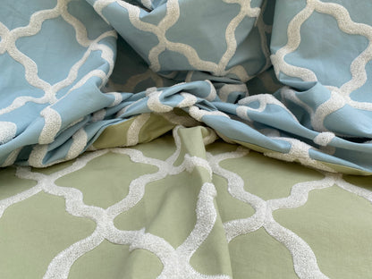 8 Berkbox97 Length Embroidery by Scalamandre Fonthill Astley Boucle Green Blue White Cream Diamond Ogee 1.2 yd + 1.2yd MSRP USD 338/Y
