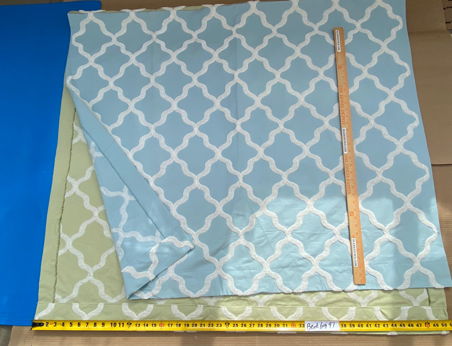 8 Berkbox97 Length Embroidery by Scalamandre Fonthill Astley Boucle Green Blue White Cream Diamond Ogee 1.2 yd + 1.2yd MSRP USD 338/Y