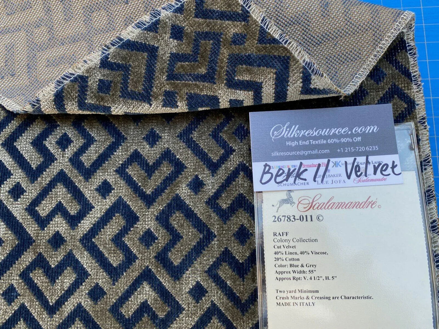 22 Berkbox11 Scalamandre Velvet Raff Colony Collection Blue &amp; Grey