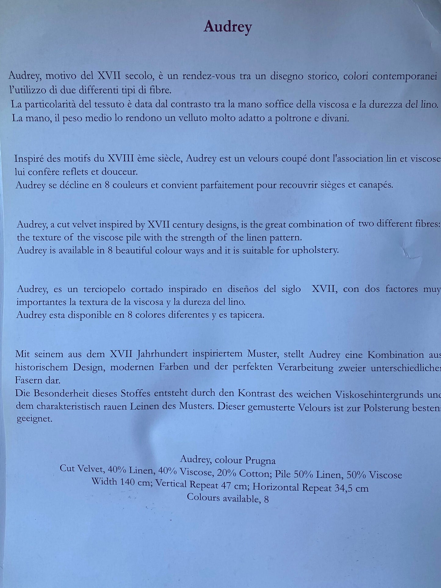 Scalamandre Audrey Cut Velvet Linen Purple Renaissance Artichoke Rose MSRP USD 427/Y