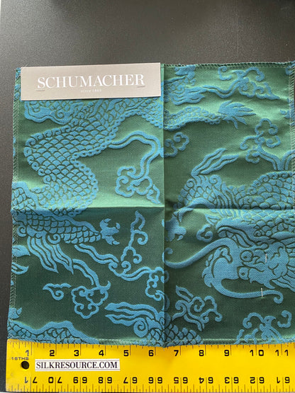 Schumacher Ruan Dragon Damask Emerald Green Art Deco Chinoiserie Satin Cotton MSRP USD 316/y