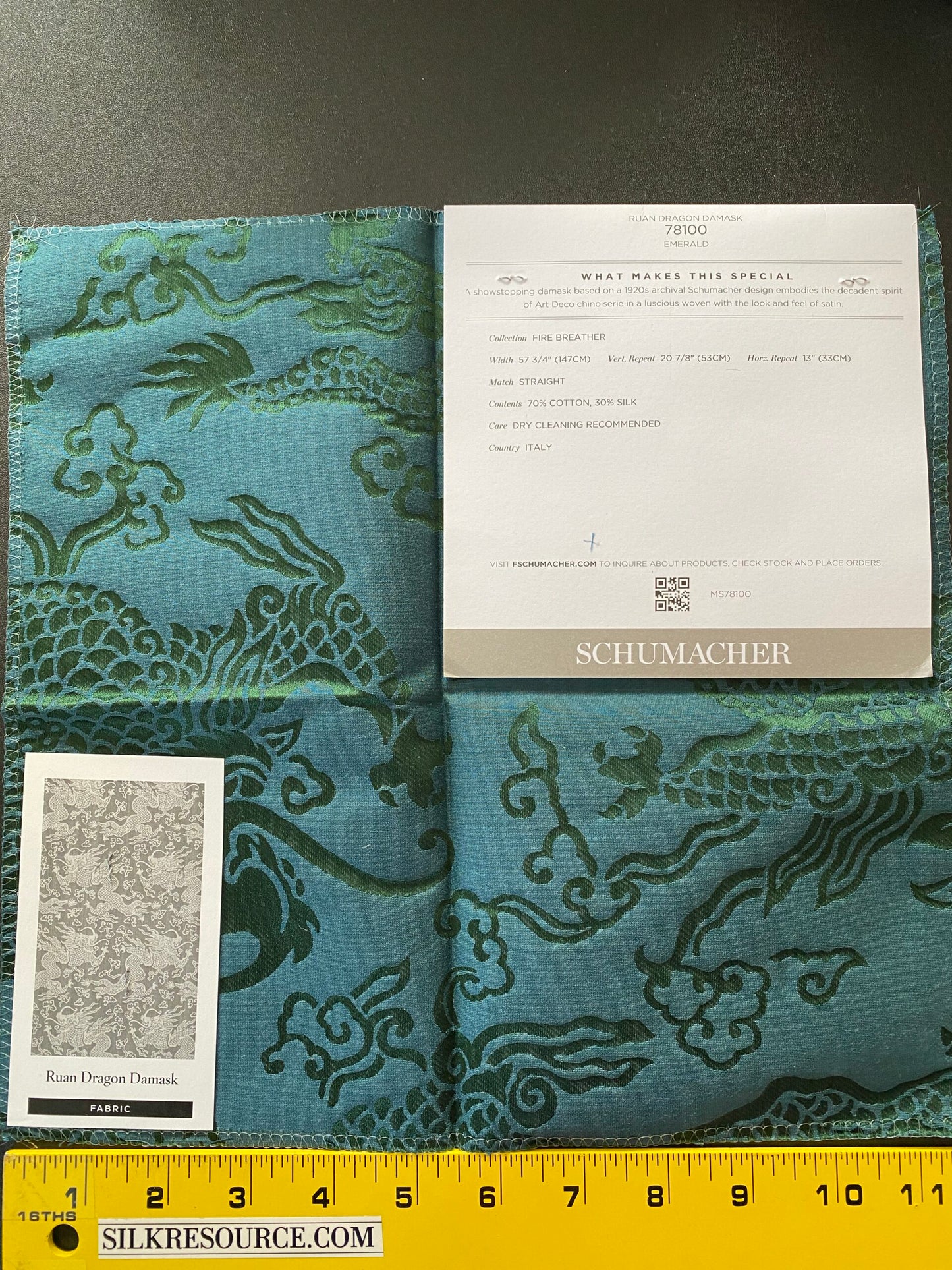 Schumacher Ruan Dragon Damask Emerald Green Art Deco Chinoiserie Satin Cotton MSRP USD 316/y