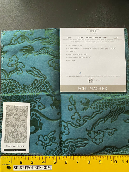 Schumacher Ruan Dragon Damask Emerald Green Art Deco Chinoiserie Satin Cotton MSRP USD 316/y