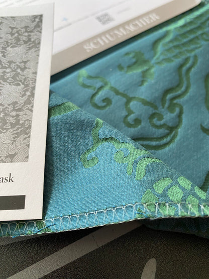 Schumacher Ruan Dragon Damask Emerald Green Art Deco Chinoiserie Satin Cotton MSRP USD 316/y
