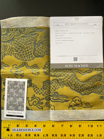 Schumacher Ruan Dragon Damask Gold Art Deco Chinoiserie Satin Cotton MSRP USD 316/y