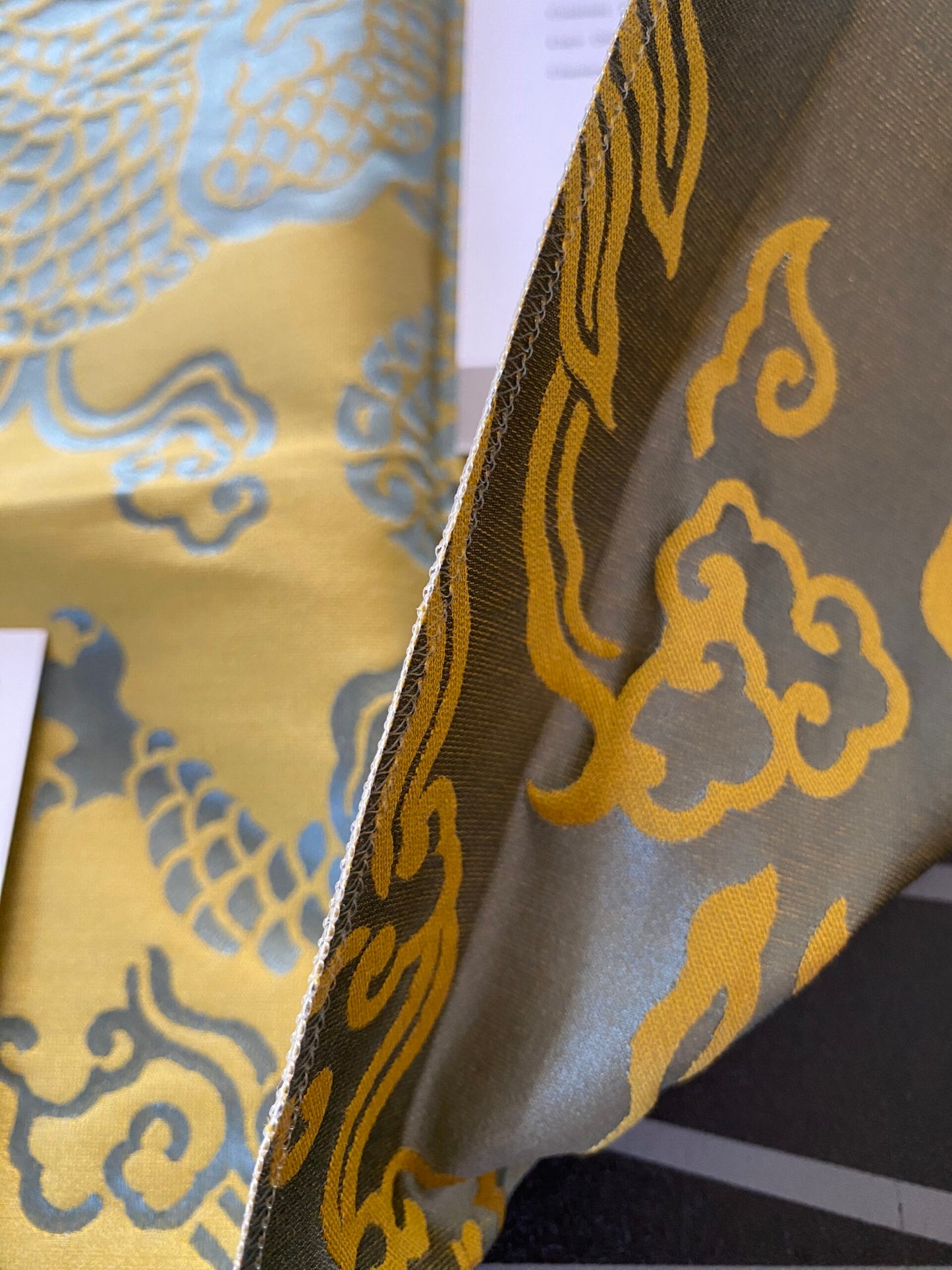 Schumacher Ruan Dragon Damask Gold Art Deco Chinoiserie Satin Cotton MSRP USD 316/y