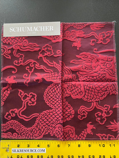 Schumacher Ruan Dragon Damask Garnet Red Art Deco Chinoiserie Satin Cotton MSRP USD 316/y