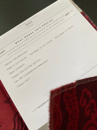 Schumacher Ruan Dragon Damask Garnet Red Art Deco Chinoiserie Satin Cotton MSRP USD 316/y