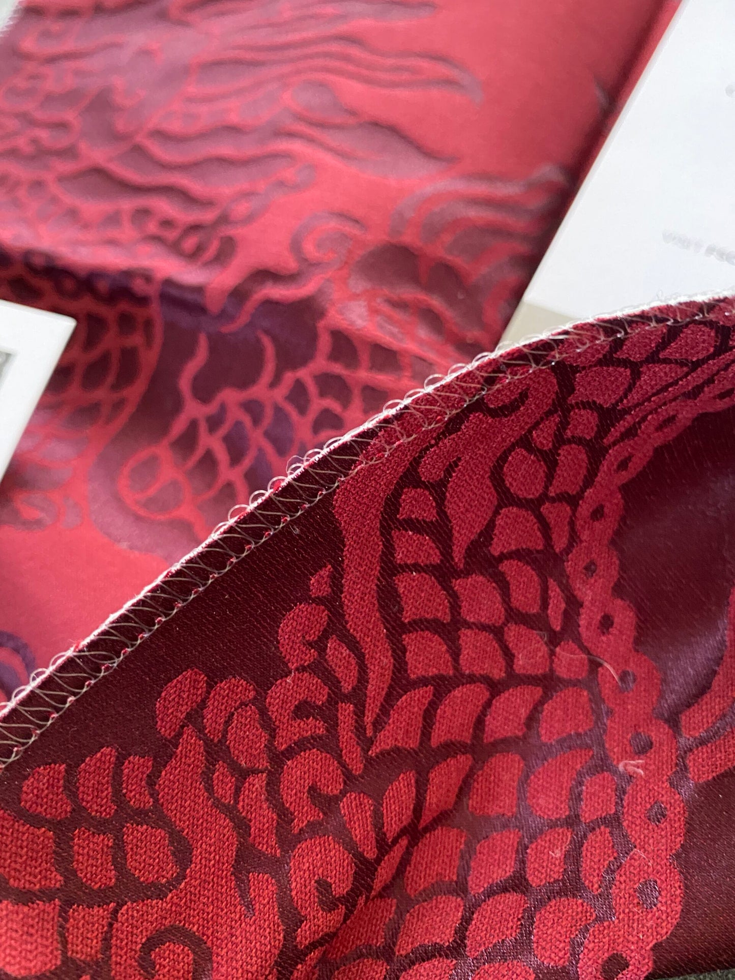 Schumacher Ruan Dragon Damask Garnet Red Art Deco Chinoiserie Satin Cotton MSRP USD 316/y