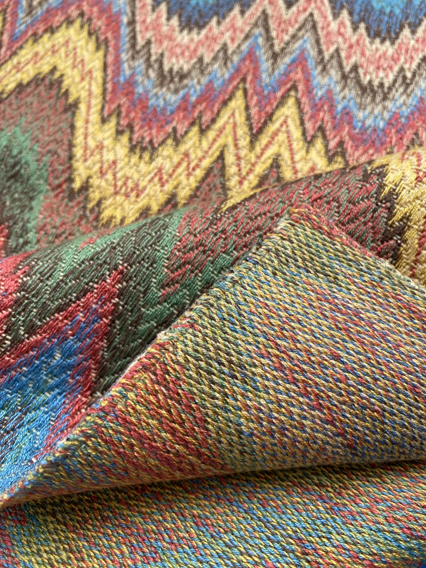 37 Berkbox99 Square Jacquard by Scalamandre Flamestitch Pattern Chevron Brown Yellow Green Red Blue MSRP USD300+/y