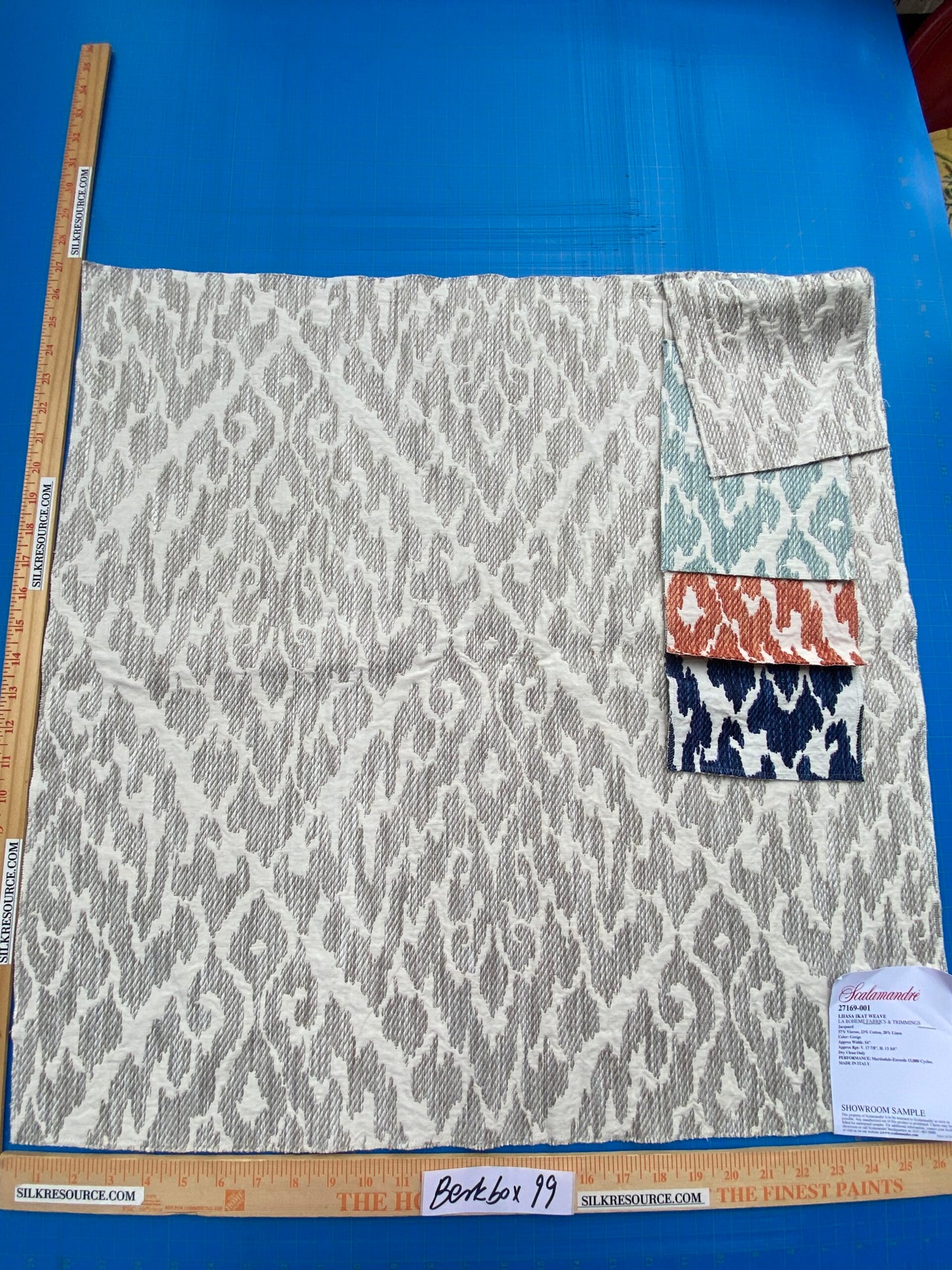 39 Berkbox99 Square Embroidery by Scalamandre Lhasa Ikat Weave Greige Beige Gray and White MSRP USD 362/Y