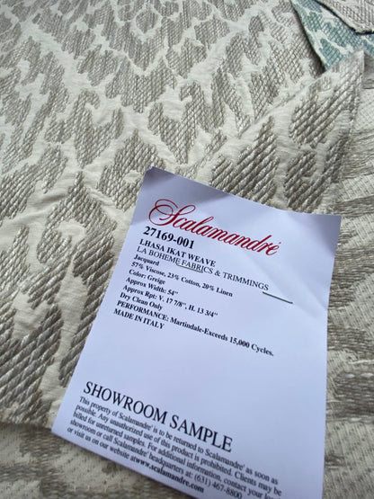 39 Berkbox99 Square Embroidery by Scalamandre Lhasa Ikat Weave Greige Beige Gray and White MSRP USD 362/Y