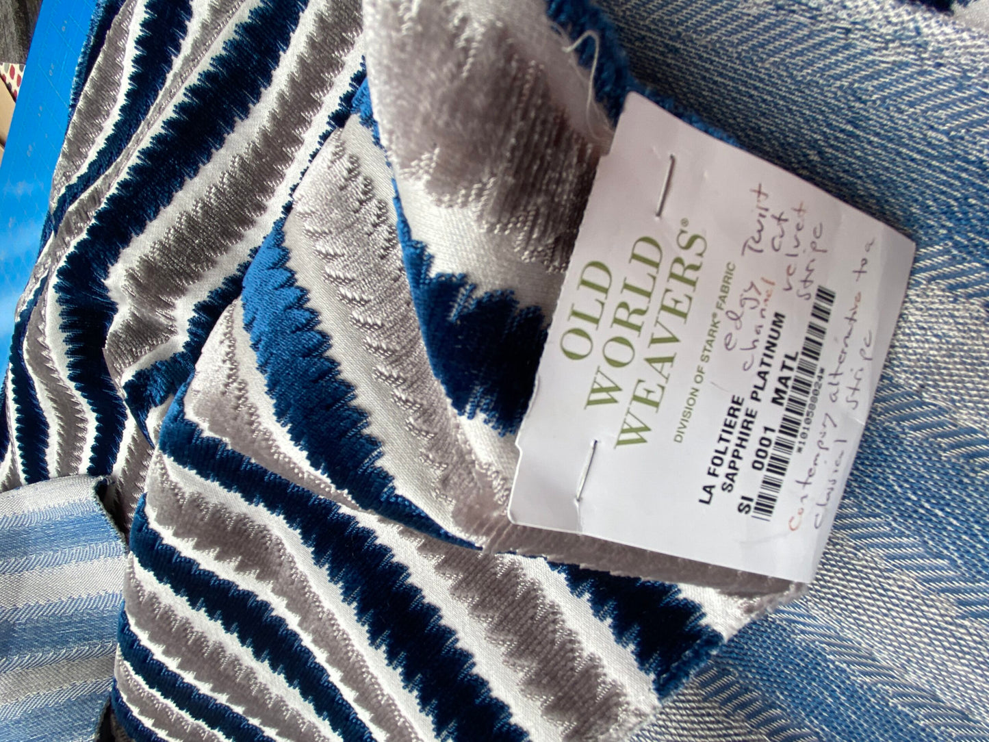 40 Berkbox99 Square Velvet by Scalamandre Old World Weavers La Foltiere Sapphire Platinum blue White Gray Cut Velvet Stripe MSRP USD 284/y