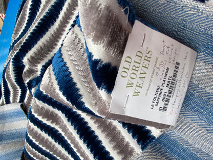 40 Berkbox99 Square Velvet by Scalamandre Old World Weavers La Foltiere Sapphire Platinum blue White Gray Cut Velvet Stripe MSRP USD 284/y