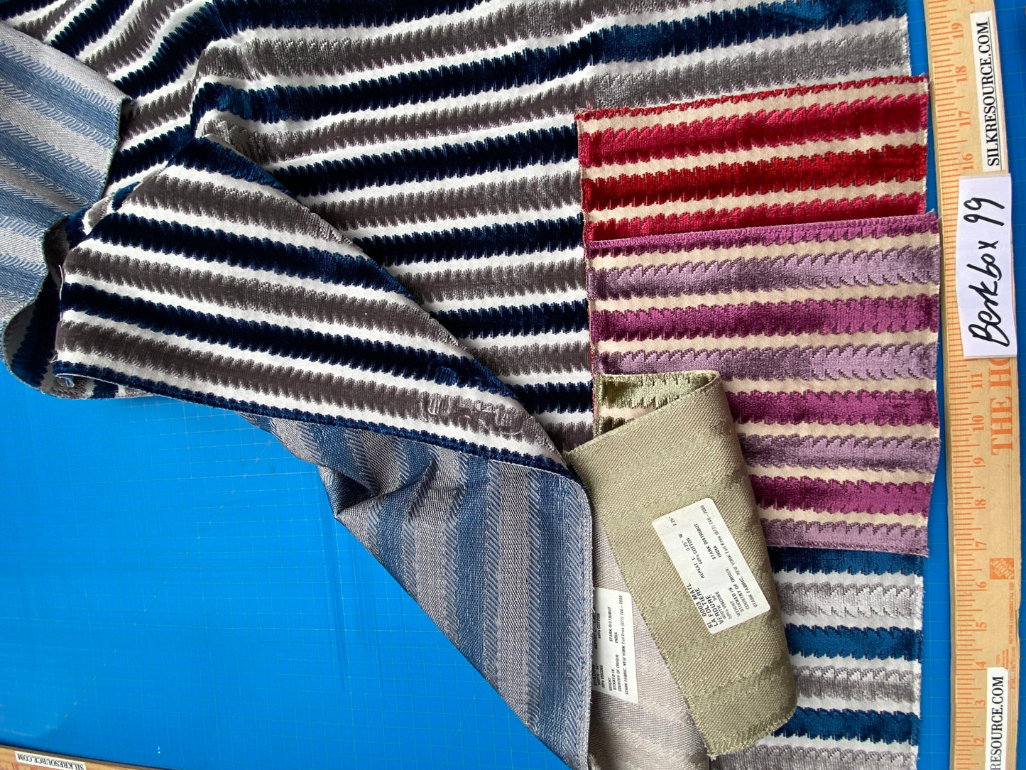 40 Berkbox99 Square Velvet by Scalamandre Old World Weavers La Foltiere Sapphire Platinum blue White Gray Cut Velvet Stripe MSRP USD 284/y