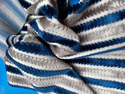 40 Berkbox99 Square Velvet by Scalamandre Old World Weavers La Foltiere Sapphire Platinum blue White Gray Cut Velvet Stripe MSRP USD 284/y