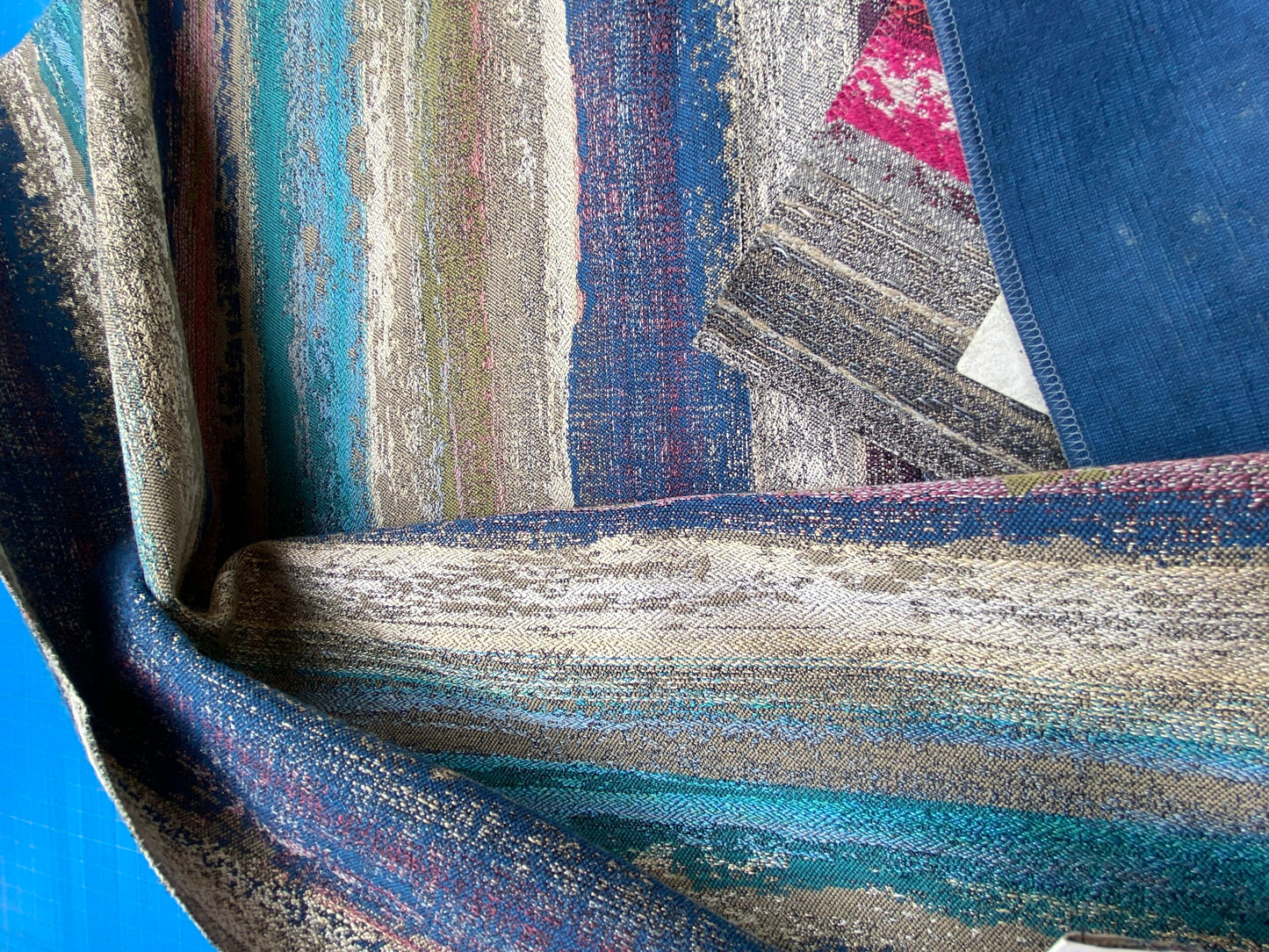 41 Berkbox99 Square Jacquard by Old World Weavers Stria Turquoise Marine Stripe Abstract Blue Gray Beige MSRP USD260/y