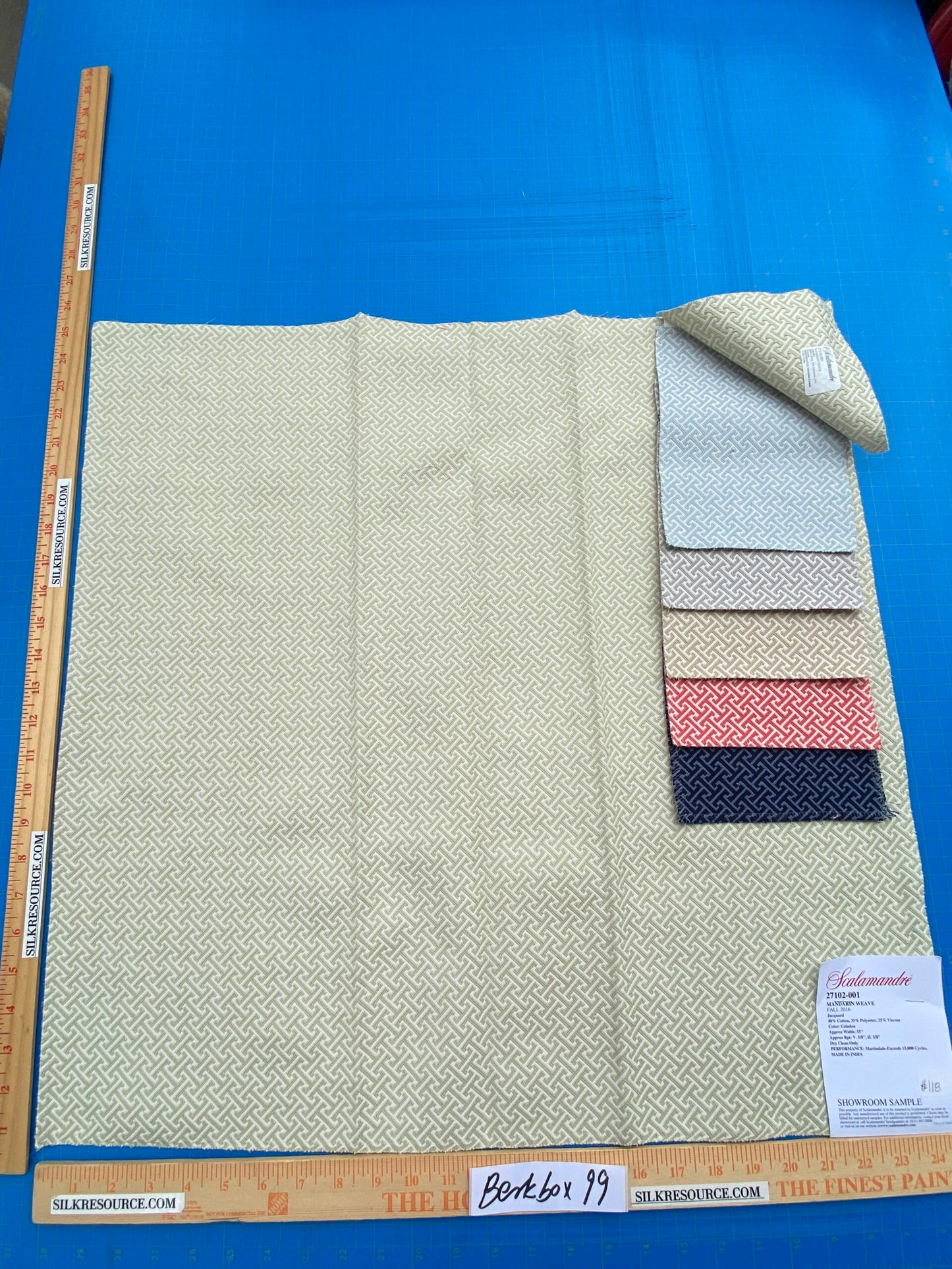 44 Berkbox99 Square Jacquard by Scalamandre Mandarin Weave Celadon Green Beige Geometric Fretwork Small Scale MSRP USD206/y