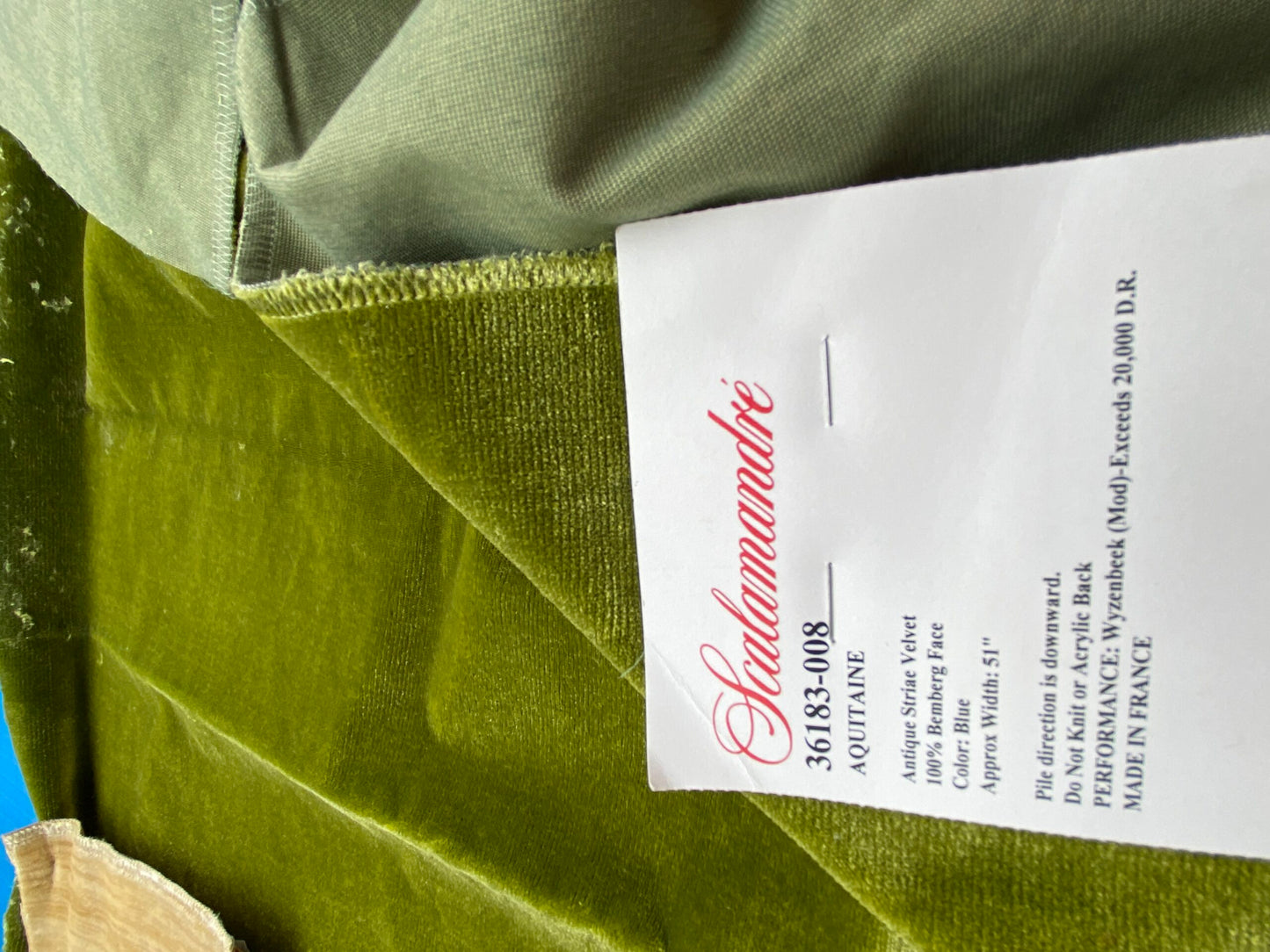 45 Berkbox99 Square Velvet by Scalamandre Aquitaine Antique Strie Velvet Green Plain Texture MSRP USD300+/y