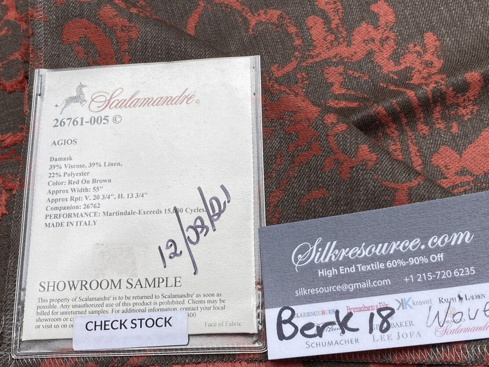Scalamandre Agios Damask Red On Brown Magnificent Renaissance Damask Fil Coupe Old World Weavers  MSRP USD 296/Y