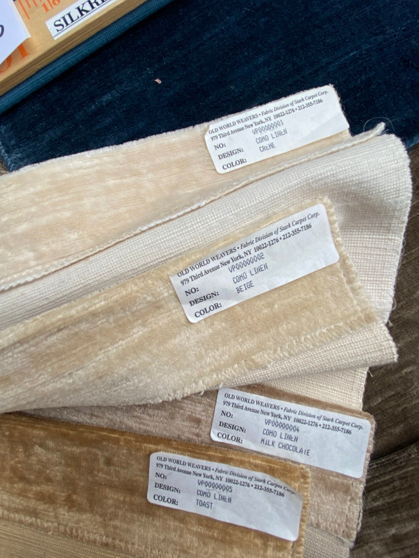 13 Berkbox100 Square Velvet by Old World Weavers Como Linen Smokey Quartz 1.6Yx 26"wide+ 19 pieces of 7" x 12"w in Different Colorways MSRP USD354/y