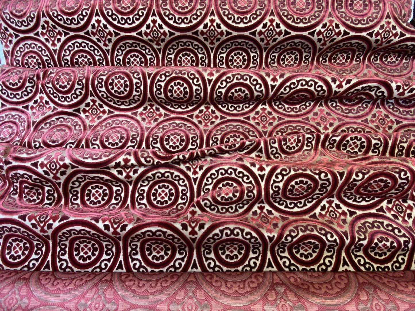 Stroheim &amp; Romann Cut Velvet Silky Ruby Red Medallion Circle Rich! MSRP USD300