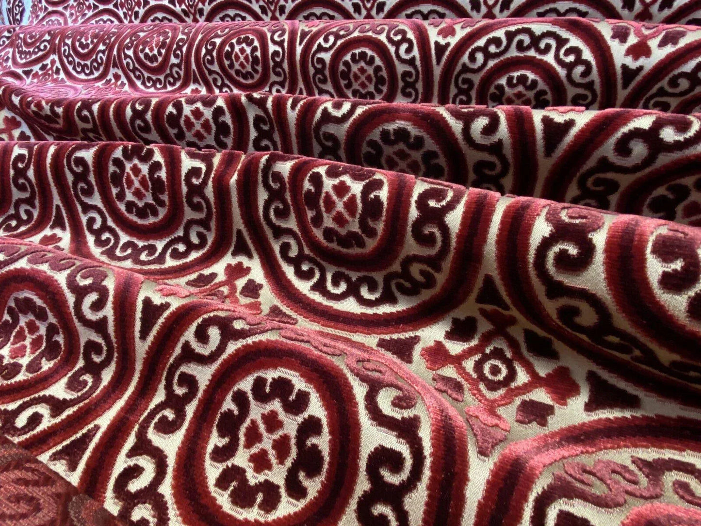Stroheim &amp; Romann Cut Velvet Silky Ruby Red Medallion Circle Rich! MSRP USD300