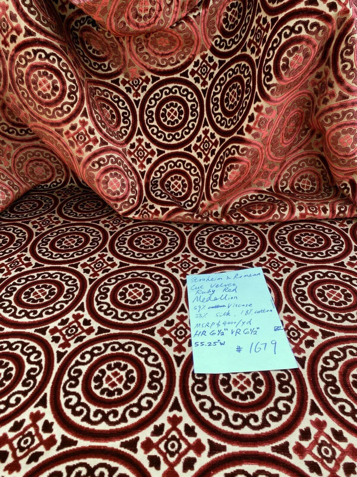 Stroheim &amp; Romann Cut Velvet Silky Ruby Red Medallion Circle Rich! MSRP USD300