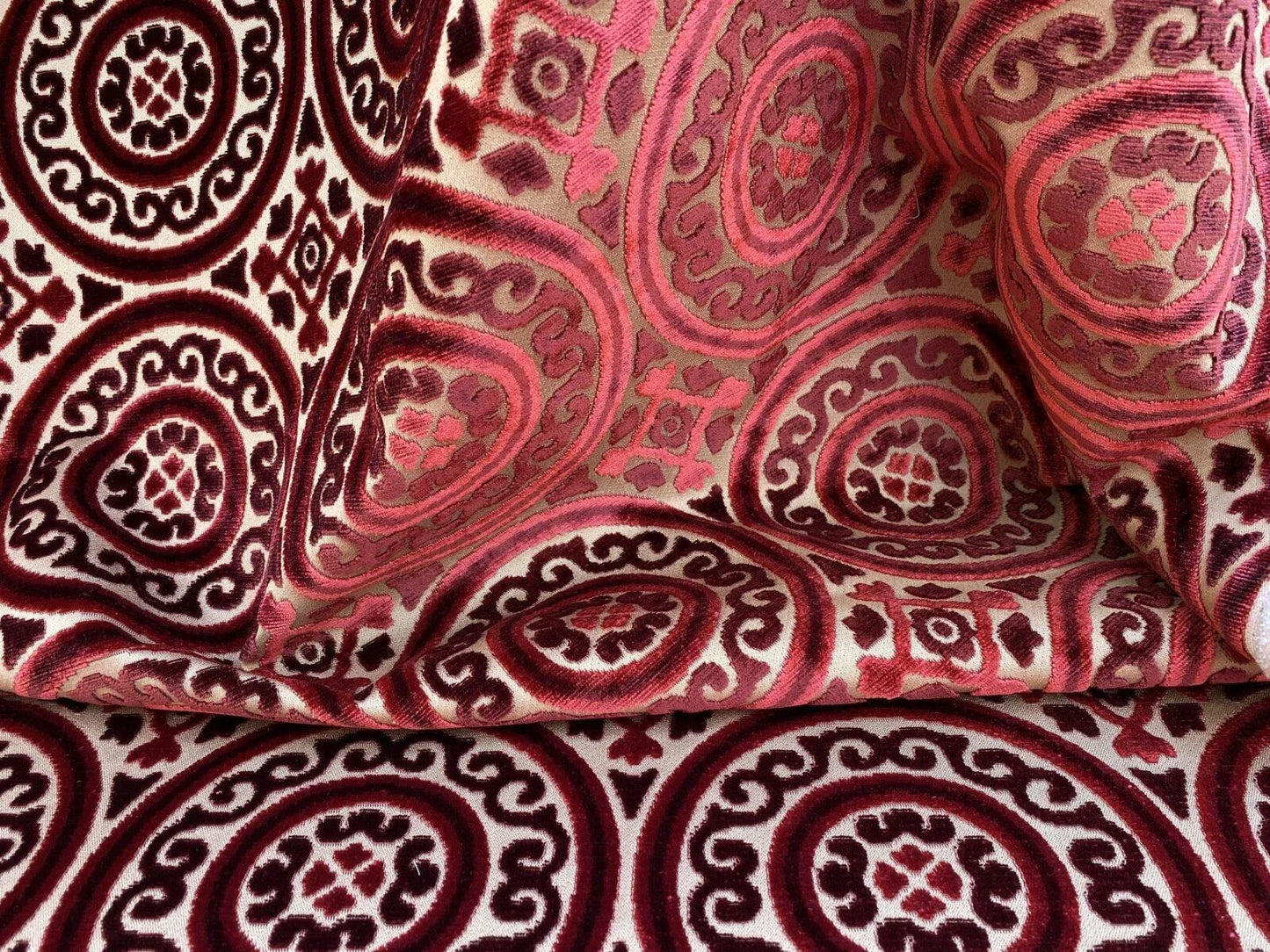Stroheim &amp; Romann Cut Velvet Silky Ruby Red Medallion Circle Rich! MSRP USD300