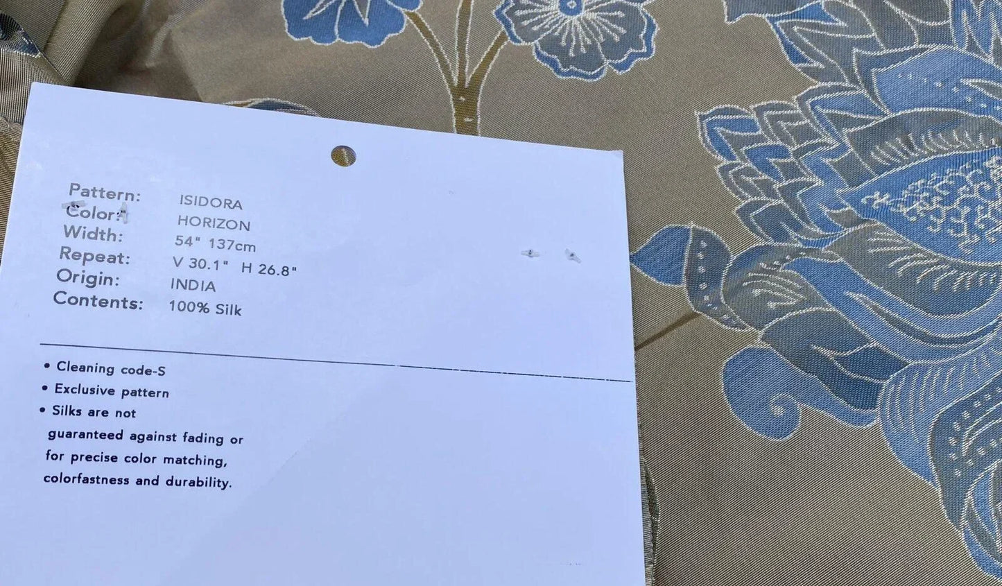 Vervain Fabricut 100% Silk Isidora Romantic Damask In Horizon Blue Gold MSRP USD 214/Y