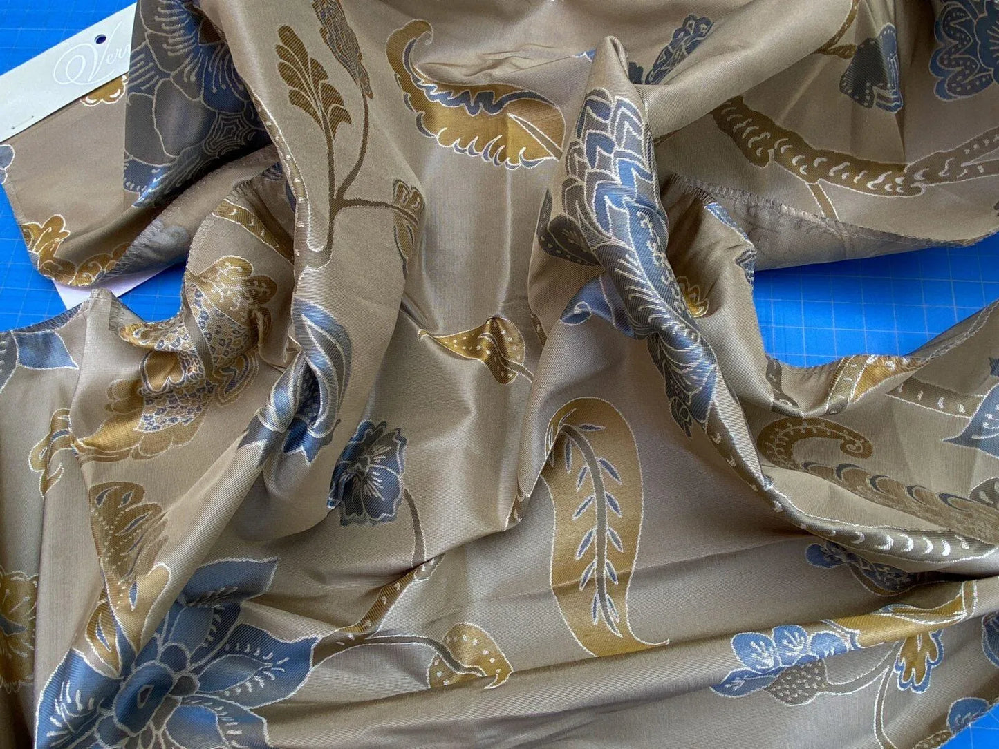 Vervain Fabricut 100% Silk Isidora Romantic Damask In Horizon Blue Gold MSRP USD 214/Y