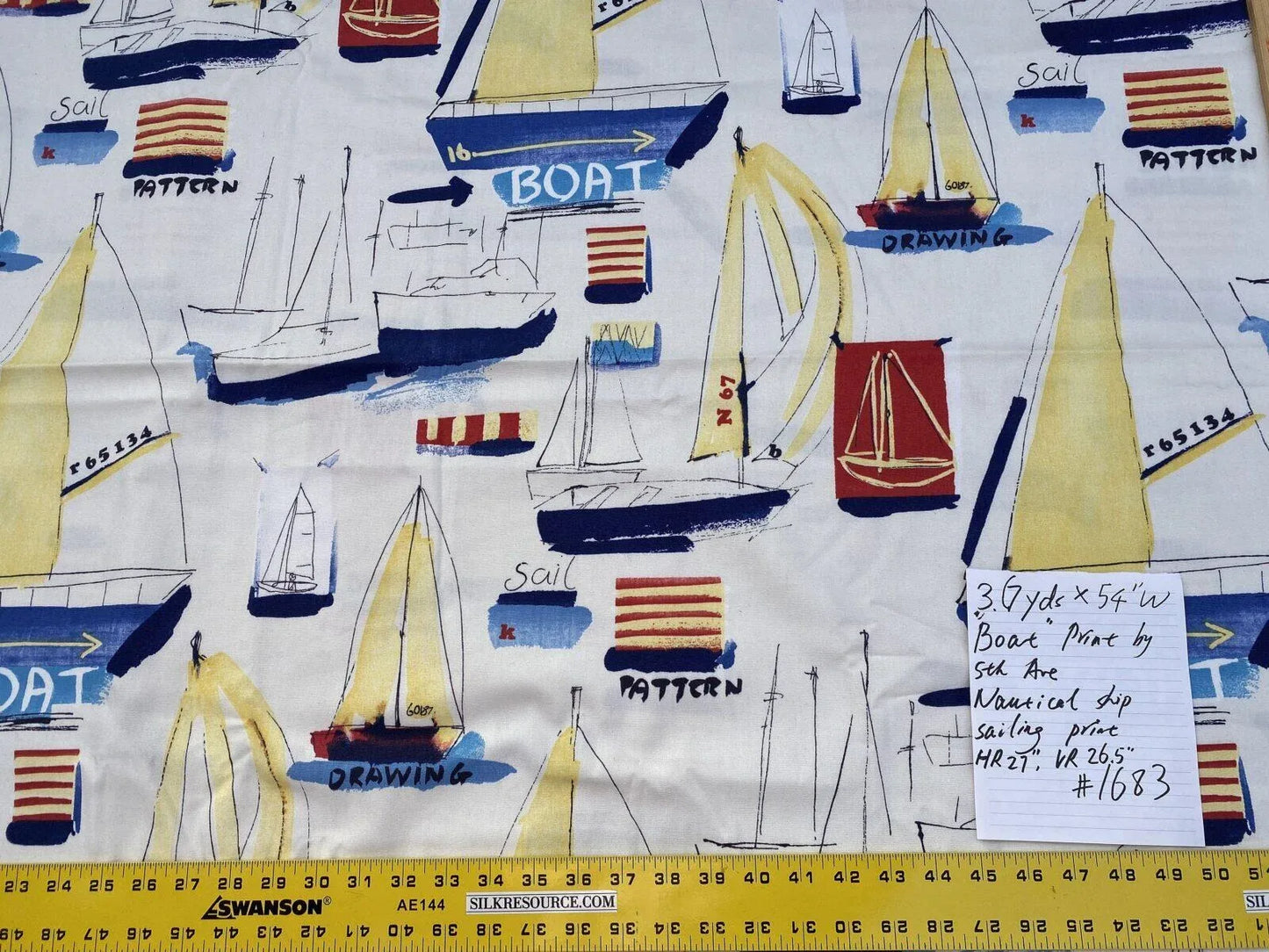 3.6y Nautical Boat Ship Ragata Ocean Sailling Print White Blue Yellow Red Cotton